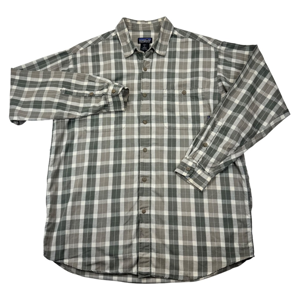 Patagonia Mens Organic Cotton Long Sleeve Plaid Button Down Shirt Grey Size M